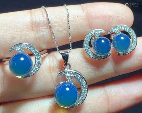 SET OF 925 SILVER MEXICAN BLUE AMBER PENDANT&EARRINGS&RING