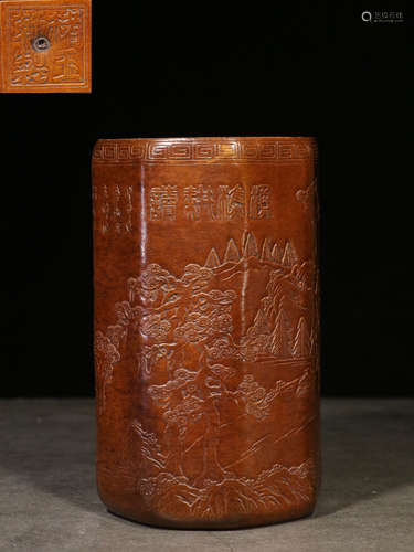 A GOURD CARVED LANDSCAPE PATTERN BRUSH POT