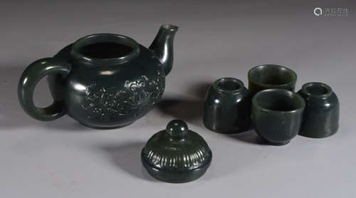 SET OF HETIAN JADE CARVED POT&CUP