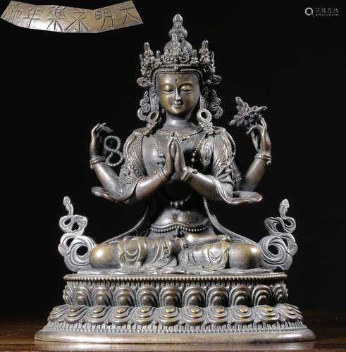 A COPPER CASTED GUANYIN BUDDHA STATUE