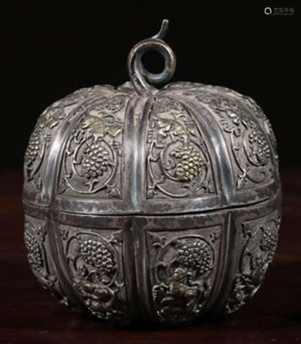 A SILVER CASTED MELON SHAPE BOX