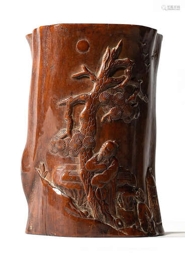 A HUANGYANG WOOD CARVED BRUSH POT WITH FIGURE STORY PATTERN