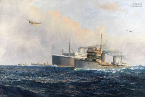Daniel Sherrin (British, 1868-1940) A convoy of ships during the First World War with additional ...