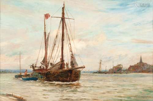 Charles William Wyllie, RBA (British, 1859-1923) Princess Roma making sail off a small harbour