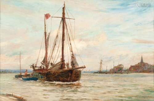 Charles William Wyllie, RBA (British, 1859-1923) Princess Roma making sail off a small harbour