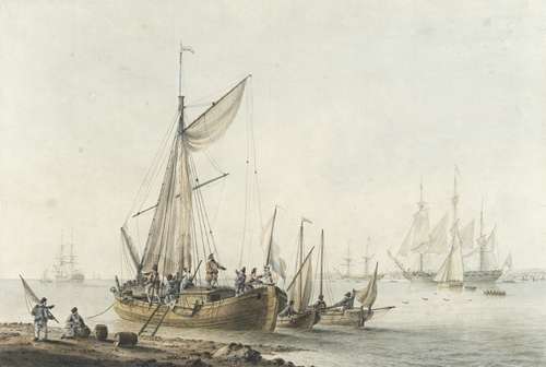 Samuel Atkins (British, fl.1787-1808) Dutch merchant boats on an estuary with Dutch naval craft i...