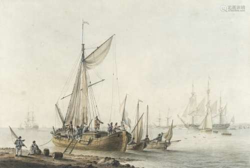 Samuel Atkins (British, fl.1787-1808) Dutch merchant boats on an estuary with Dutch naval craft i...