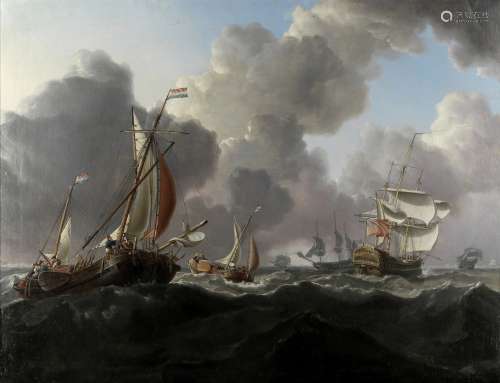 Charles Martin Powell (British, 1775-1824) English warships and Dutch hoys in a stiff North Sea b...