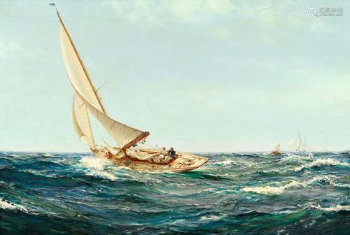 Montague Dawson (British, 1890-1973) Rounding the buoy