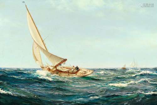 Montague Dawson (British, 1890-1973) Rounding the buoy