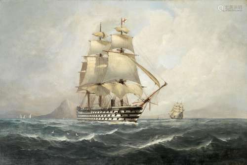 Henry J Morgan (British, 1839-1917) A British ship-of-the-line off the Rock of Gibraltar