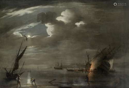 Peter Monamy (London 1681-1749) Caulking ship by moonlight at the Nore