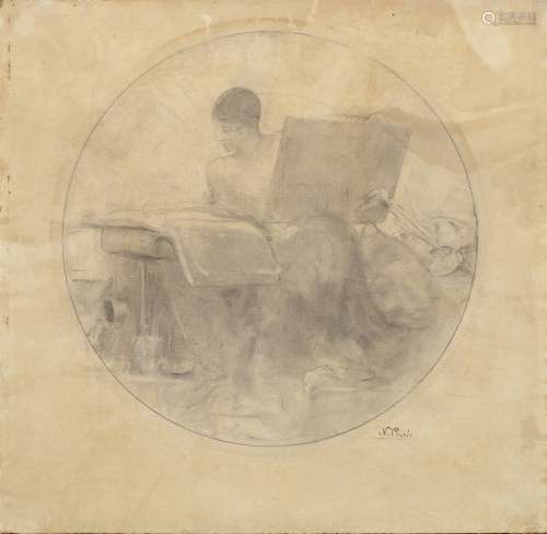 Nikolaos Gyzis (Greek, 1842-1901) Allegory of painting 18cm diameter (dimensions of paper 33.5 x...