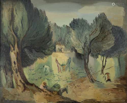 Agenor Asteriadis (Greek, 1898-1977) Harvesting the olives 65 x 81 cm. (Painted in 1933. )