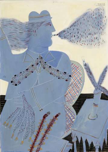Alecos Fassianos (Greek, born 1935) Blue smoking man 70 x 50.5 cm.
