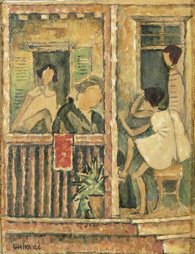 Nikos Hadjikyriakos-Ghika (Greek, 1906-1994) Family afternoon 23 x 18 cm. (Painted in 1946. )