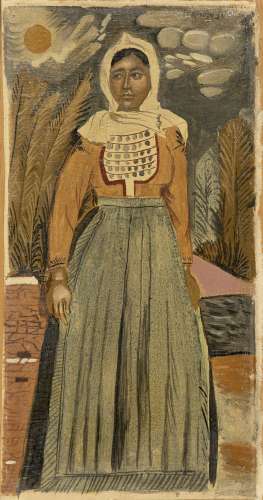 Yiannis Tsarouchis (Greek, 1910-1989) Woman from Salamis/ Koulouriotissa 46 x 25 cm. (Painted in...