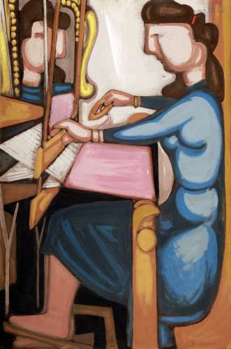 Diamantis Diamantopoulos (Greek, 1914-1995) Girl at the loom 150 x 99.5 cm. (Painted c. 1949-1978.)