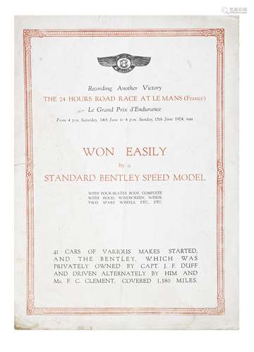 A 1924 Le Mans 24-Hours Race 'Won Easily by a Standard Bentley Speed Model' Victory pamphlet,