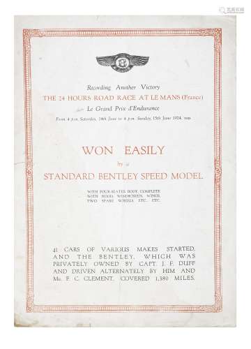 A 1924 Le Mans 24-Hours Race 'Won Easily by a Standard Bentley Speed Model' Victory pamphlet,