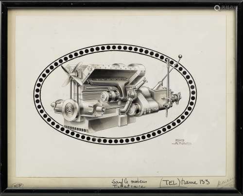 Alex Kow (French 1901-1978), an illustration of a Bugatti Type 57 engine,
