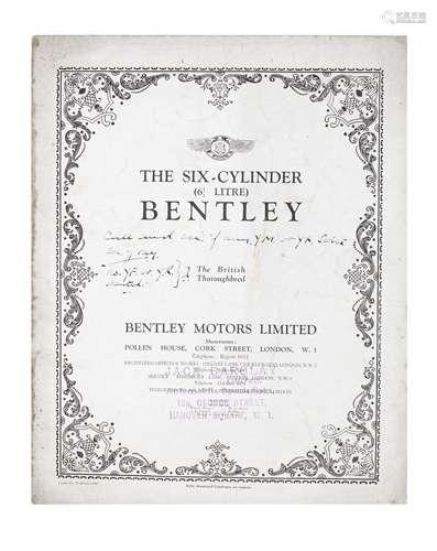 A Six Cylinder '6½ Litre' Bentley sales leaflet, number 22, dated October 1927,