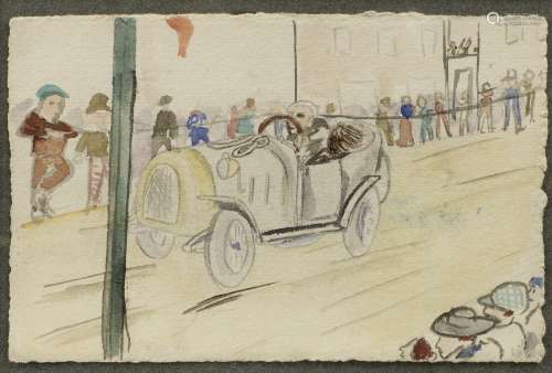 Geo Ham (Georges Hamel, French 1900-1972), 'Bugatti Race Scene', a believed early childhood artwo...