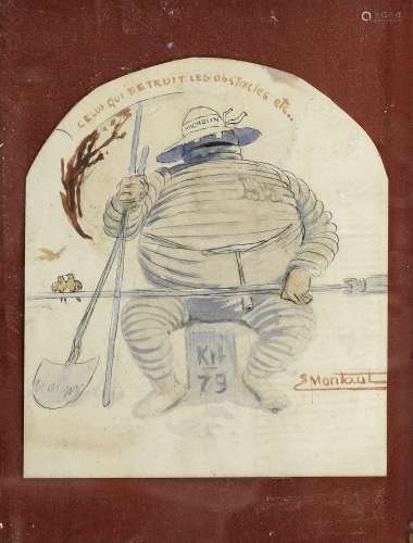 Ernest Montaut (French 1878-1909), 'Monsieur Bibendum', a small watercolour illustration,