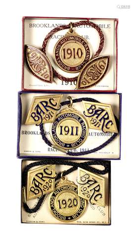 Three boxed sets of BARC Brooklands Member's and Guest's badges, 1910-11 + 1920, ((Qty))