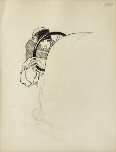 Rene Vincent (1879-1936), 'Lady Motorist', an original sketch,