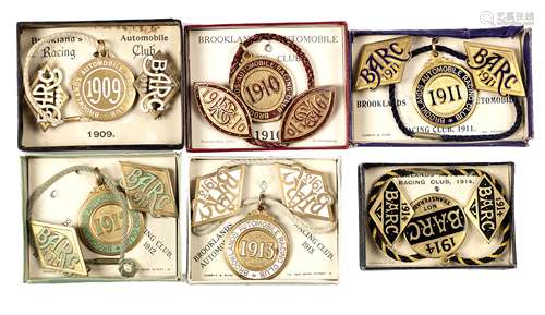 Six boxed sets of BARC Brooklands member's and guest's lapel badges, 1909-1914, ((Qty))