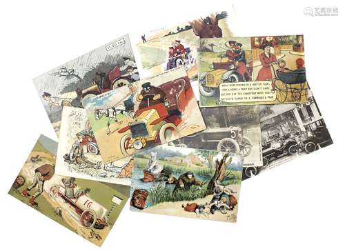 A collection of early motoring themed postcards,