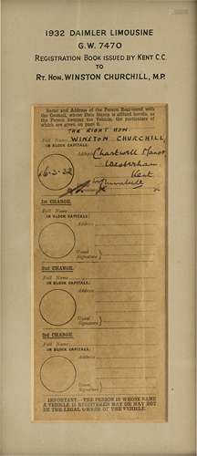 The Right Hon. Winston Churchill M.P.'s signed vehicle registration document, 1932,