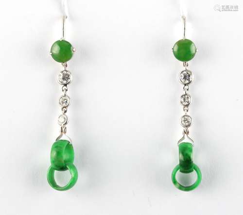 A pair of jadeite & diamond pendant earrings, each with two interlocking jadeite rings suspended
