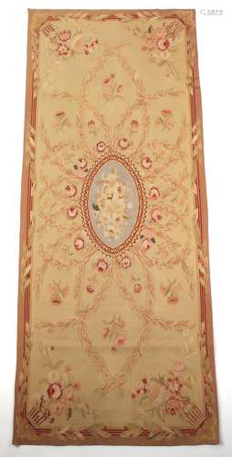 Property of a deceased estate - an Aubusson style long rug, with pale blue ground oval centre