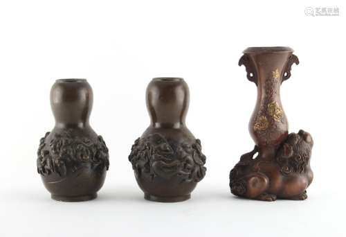 Property of a lady - a pair of Japanese bronze vases decorated in relief with monkeys, Meiji