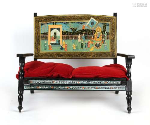 Property of a lady - an Indian or Islamic painted folding bench or seat, 40.75ins. (103.5cms.) wide.