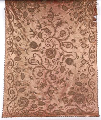 Property of a lady - a 19th century embroidered silk coverlet, possibly French, approximately 94