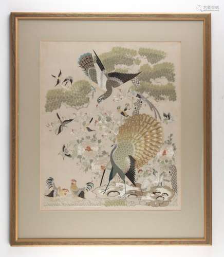 Property of a lady - an embroidered silk 'Hundred Birds' panel, the panel 18 by 15ins. (46 by