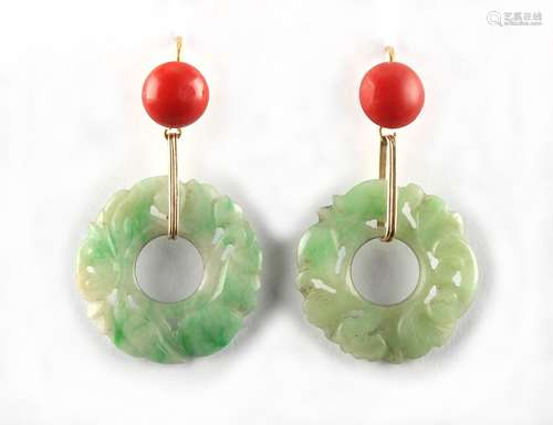 A pair of floral carved jadeite & coral pendant earrings, for pierced ears, each approximately