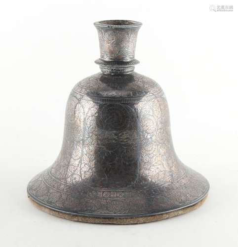 An Indian Deccan bidri ware bell shaped huqqa or hookah base, 19th century, 6.7ins. (17cms.) high.