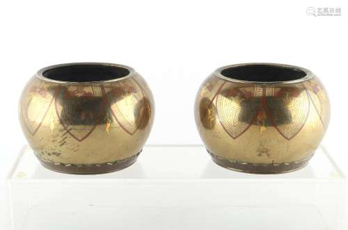 A pair of Japanese bronze & mixed metal circular stands, Meiji period (1868-1912), possibly for