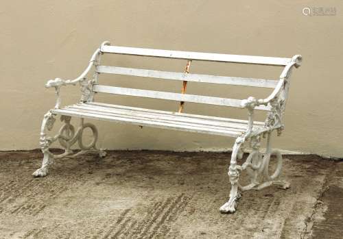 Property of a gentleman - a white painted cast metal & slatted wood garden bench, with dog's head