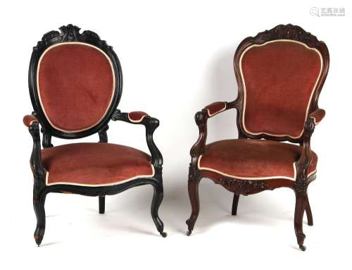 Property of a lady - a 19th century Continental carved armchair with pink upholstery; together