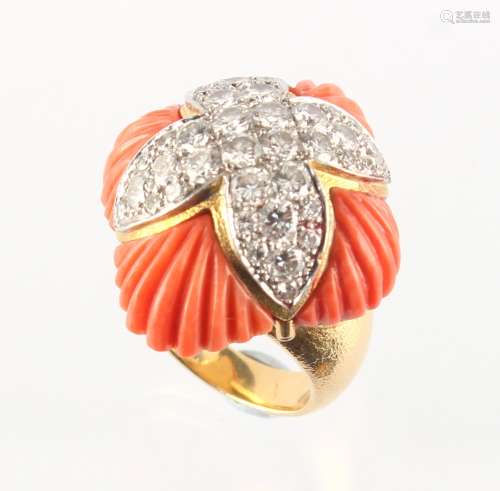 A large very heavy 18ct yellow gold diamond & carved coral flowerhead ring, the 40 round brilliant