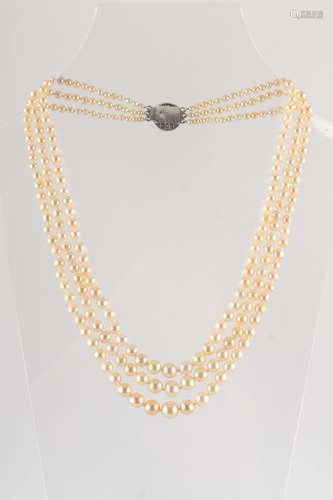 A certificated natural saltwater pearl three row necklace, the 261 cream coloured pearls ranging