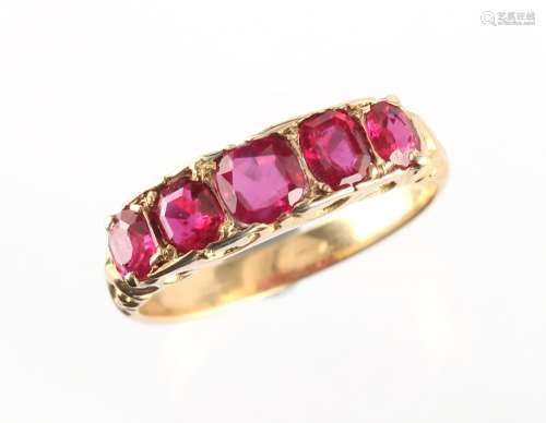 An 18ct yellow gold certificated untreated Burmese ruby five stone ring, the cushion cut rubies