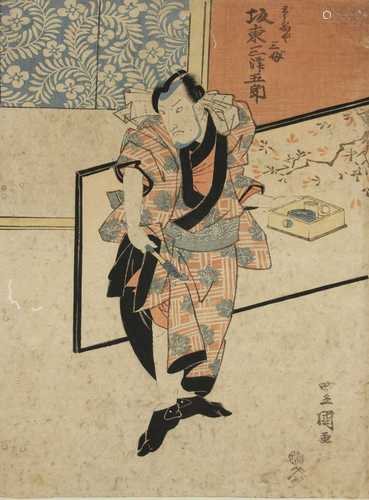 Three Japanese woodblock prints, by Utagawa Toyokuni, of theatrical figures, 37 x 25.5cm, and one,