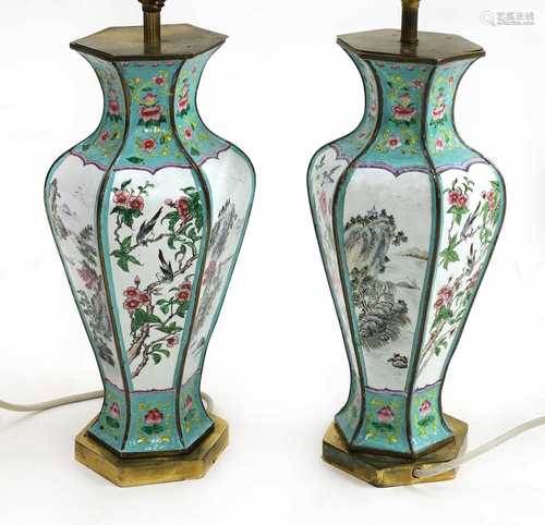 A pair of Chinese Canton enamelled table lamps and shades,