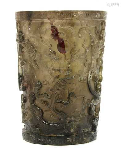 A Chinese smoky quartz brush pot,